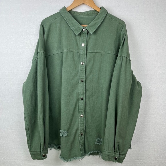 Women's 2XL Olive Green Utility Shirt Jacket Raw Hem Oversized - Picture 2 of 6